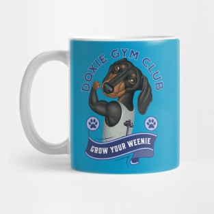 Cute Doxie Gym Club Member to Grow Your Weenie in Blue Mug